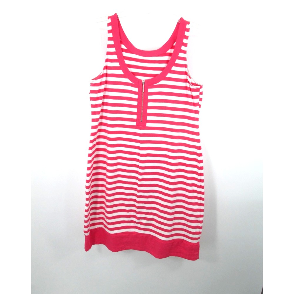 Tommy Bahama Pink White Striped Midi Tank Dress Womens Medium Stretch Zip Front